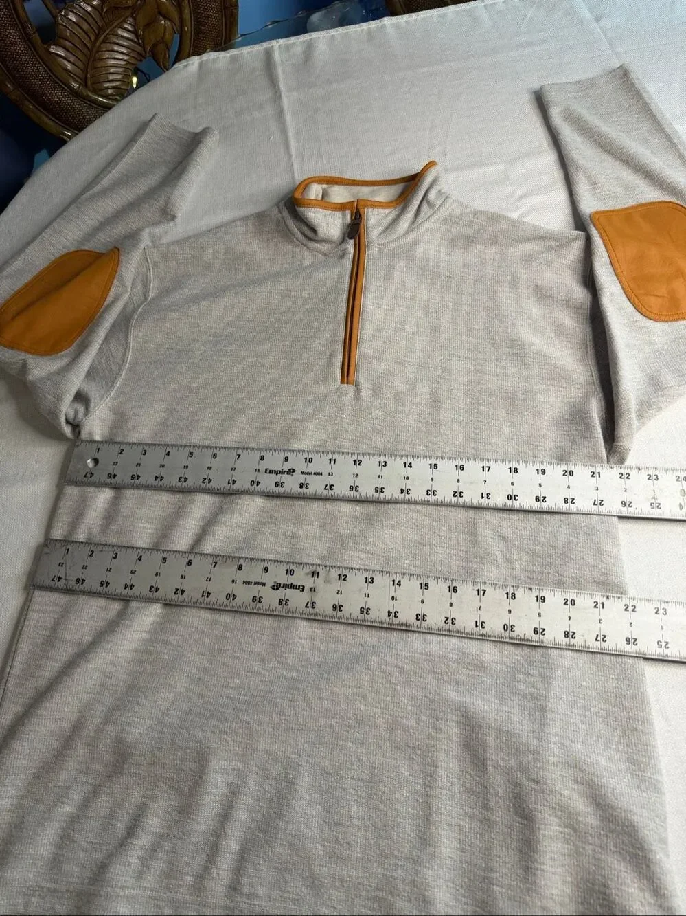 Orvis Grey Quarter Zip Pullover Leather Elbow Patch Sweater Size Large